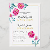Elegant modern Roze Blauwgroen Floral Border Weddi Folie Uitnodiging (Voorkant)