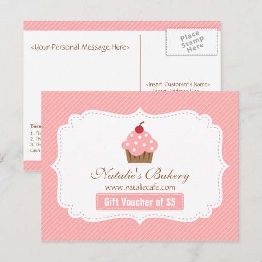 Elegant, modern, roze cake, bakkerij-voucher briefkaart (Voorkant / Achterkant)