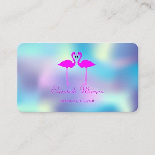 Elegant modern roze flamingos in Love Holographic Visitekaartje (Voorkant)
