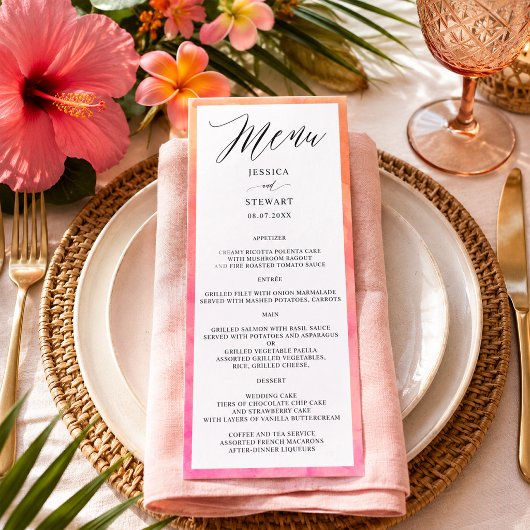 Elegant Modern Roze Oranje Aquarel Bruiloft Menu