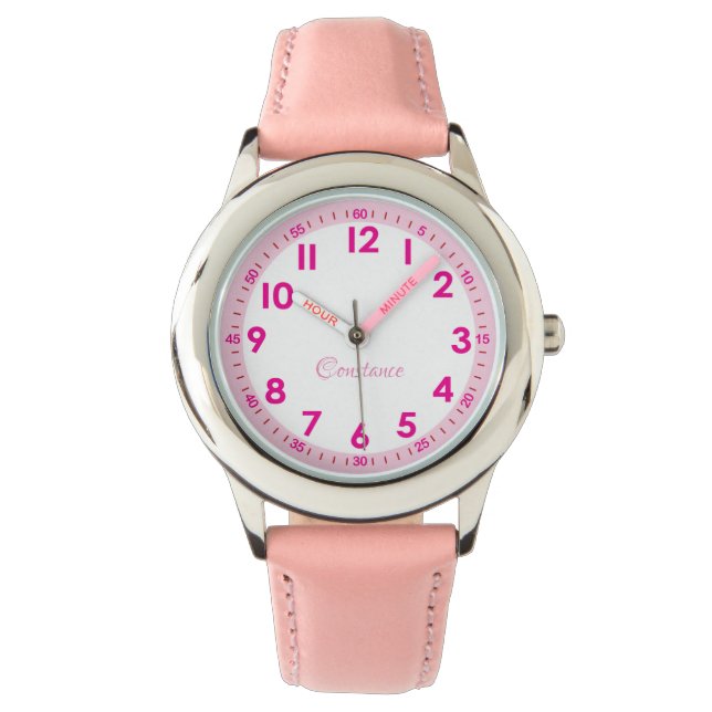 Elegant modern Roze Stijlvolle Aangepaste Naam Kin Horloge (Voorkant)