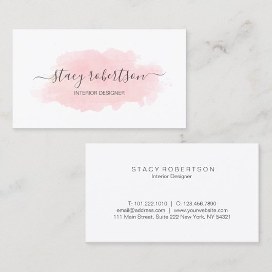 Elegant modern roze waterverf interieurontwerper visitekaartje (Voorkant / Achterkant)
