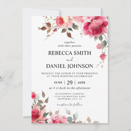 Elegant Modern Roze Waterverf Roos Bloemen Huwelij Kaart (Voorkant)