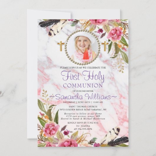 Elegant Modern Rozen Blush Photo First Communtion Kaart (Voorkant)