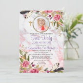 Elegant Modern Rozen Blush Photo First Communtion Kaart (Staand voorkant)