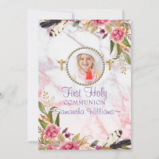 Elegant Modern Rozen Blush Photo First Communtion Kaart (Achterkant)