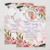 Elegant Modern Rozen Blush Photo First Communtion Kaart (Voorkant / Achterkant)