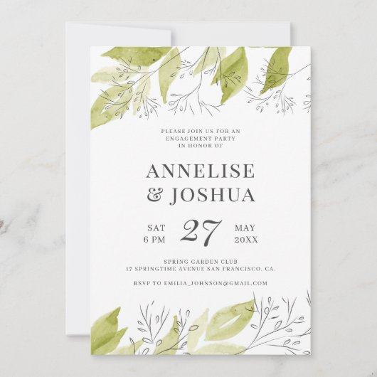 Elegant modern rustiek groen en wit verloving kaart (Voorkant)