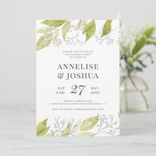 Elegant modern rustiek groen en wit verloving kaart (Staand voorkant)