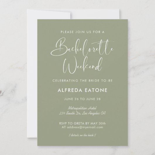 Elegant & modern Sage Green Bachelorette Weekend Kaart (Voorkant)