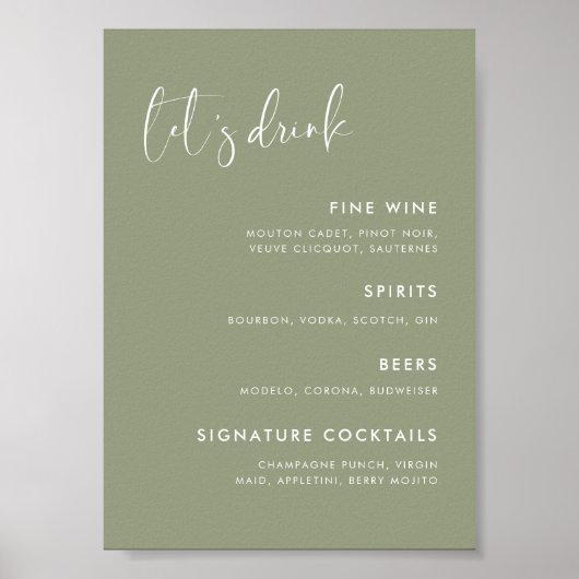 Elegant & Modern Sage Green bruiloft Bar menu Poster (Voorkant)