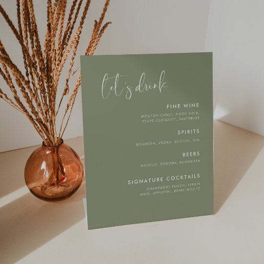Elegant & Modern Sage Green bruiloft Bar menu Reclamebord Met Voetstuk