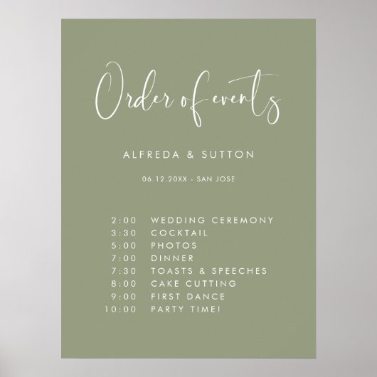 Elegant Modern Sage Green bruiloft Orde van evenem Poster (Voorkant)
