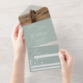 Elegant modern sage green foto bruiloft all in one uitnodiging (Afscheurbaar)