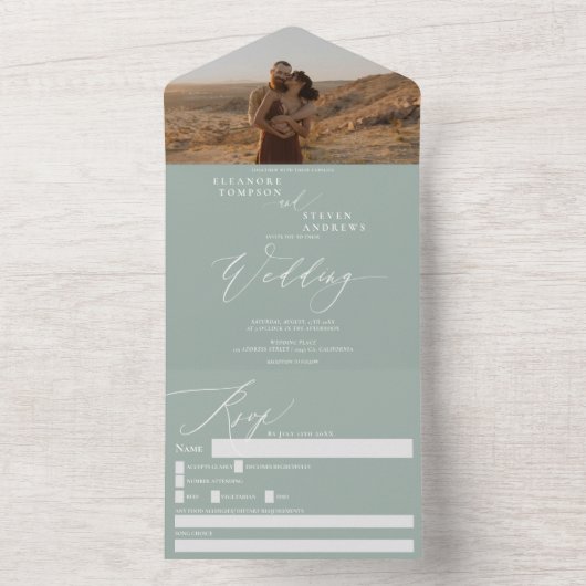 Elegant modern sage green foto bruiloft all in one uitnodiging (Binnen)