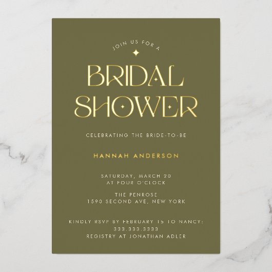 Elegant modern Sage Green Gold Star-Vrijgezellenfe Folie Uitnodiging (Voorkant)