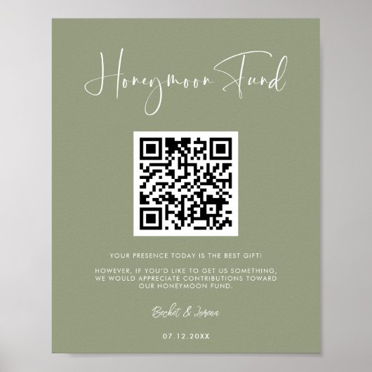 Elegant & modern Sage Green Honeymoon Fonds QR Cod Poster (Voorkant)