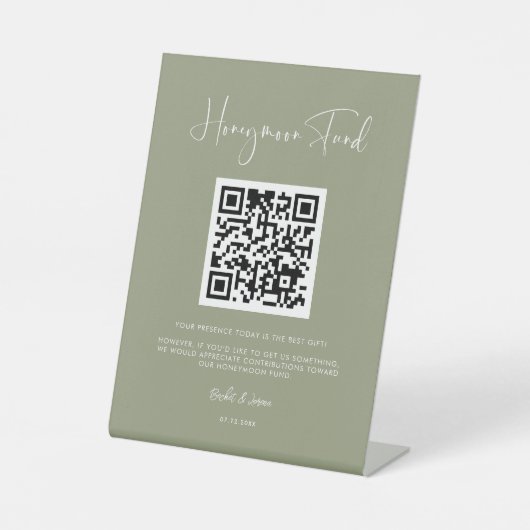 Elegant & modern Sage Green Honeymoon Fonds QR Cod Reclamebord Met Voetstuk (Voorkant)