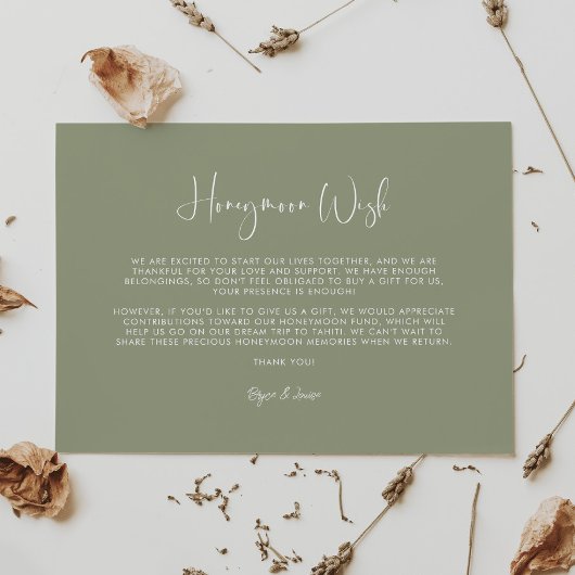 Elegant & modern sage green Honeymoon wish Informatiekaartje