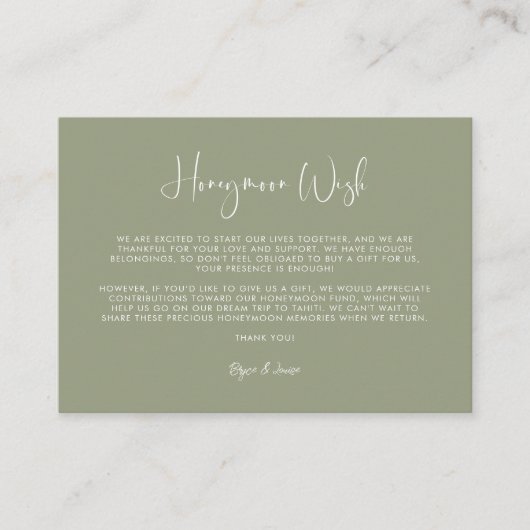 Elegant & modern sage green Honeymoon wish Informatiekaartje (Voorkant)