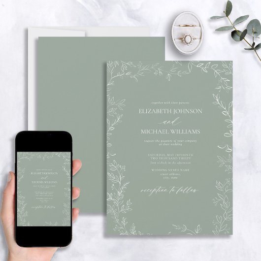 Elegant modern Sage Green Minimal Leaf Wedding Kaart