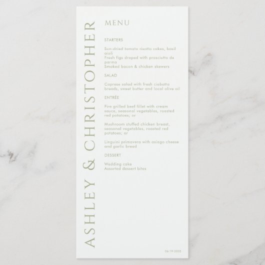 Elegant Modern Sage Green Wedding Menu (Voorkant)