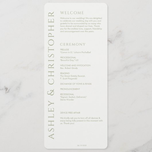 Elegant Modern Sage Green Wedding Programmakaart (Voorkant)