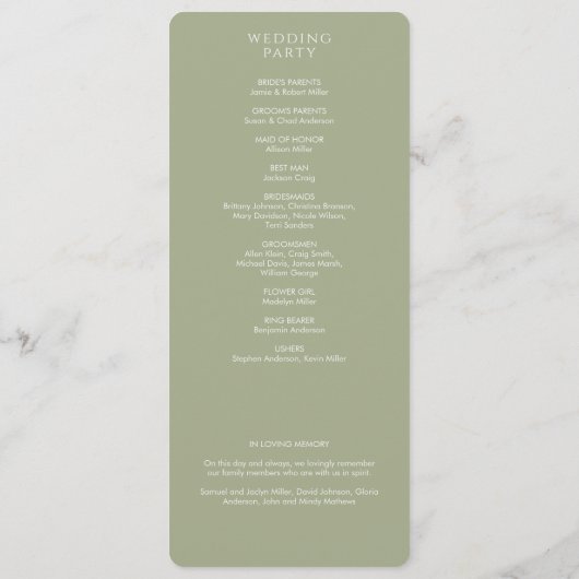 Elegant Modern Sage Green Wedding Programmakaart (Achterkant)