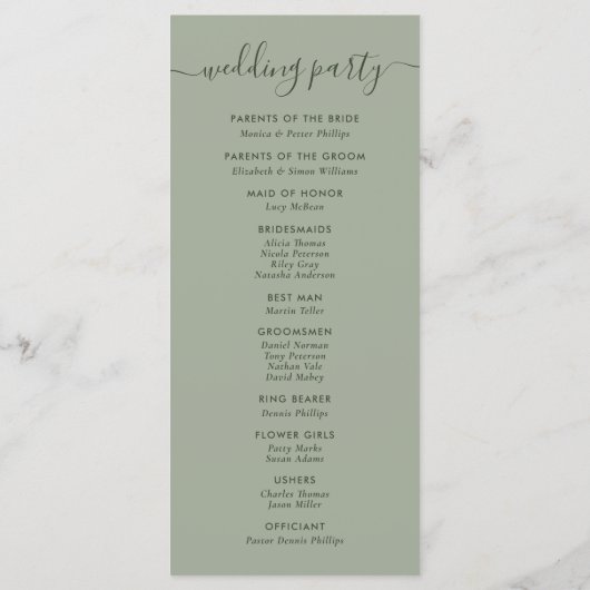 Elegant Modern Sage Green Wedding Programmakaart (Achterkant)
