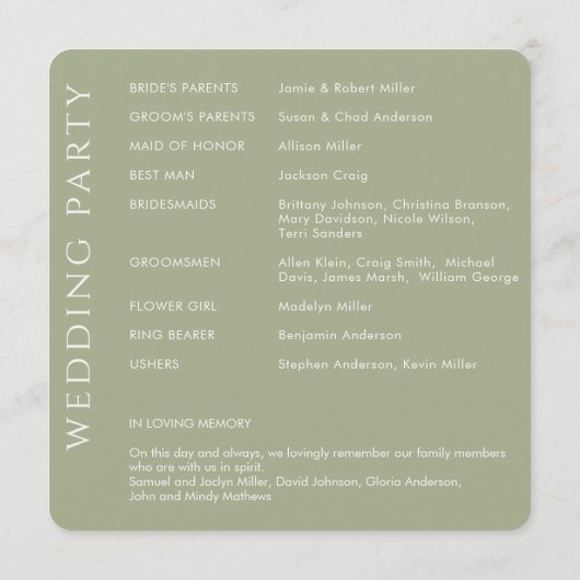 Elegant Modern Sage Green Wedding Programmakaart (Achterkant)