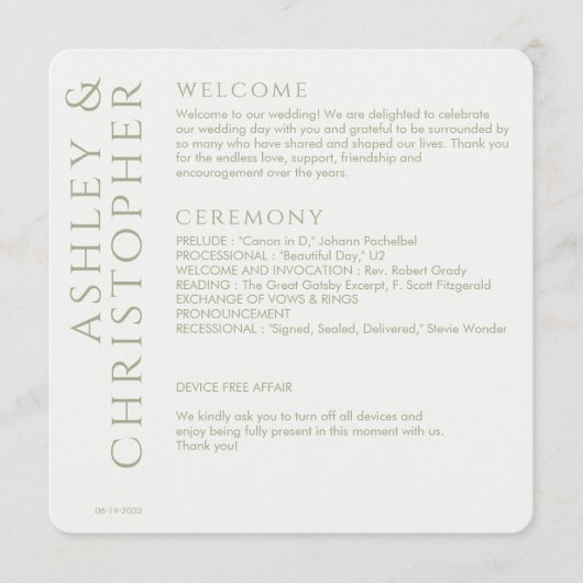 Elegant Modern Sage Green Wedding Programmakaart (Voorkant)