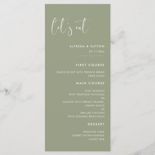 Elegant & modern Sage groen Let's eat bruiloft Menu (Voorkant)