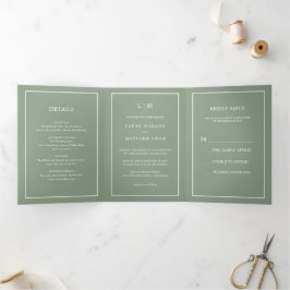 Elegant Modern Sage Groen Monogram Eenvoudige Brui Drieluik Uitnodiging