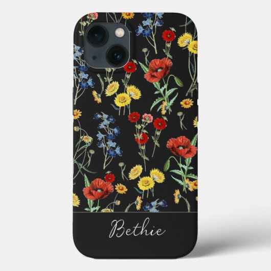Elegant Modern Schattige Wildflower Naam Zwart Case-Mate iPhone Case (Achterkant)