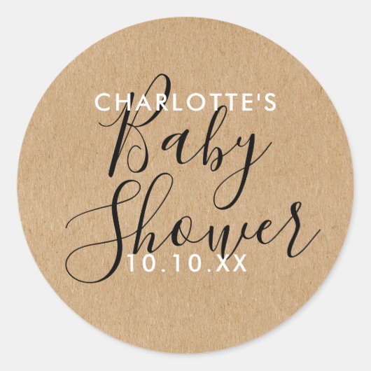Elegant Modern Schrift Baby Shower Ruw Kraft Ronde Sticker (Voorkant)