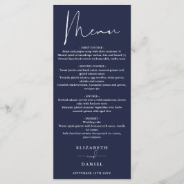 Elegant Modern Schrift Navy Blau Huwelijksdiner Menu