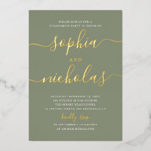 Elegant Modern Schrift Saliegroen Verlovingsfeest Folie Uitnodiging