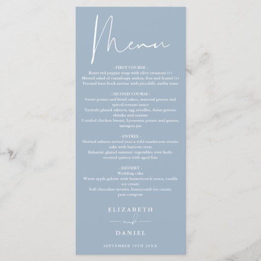 Elegant modern schrift stoffig blauwe huwelijksdin menu (Voorkant)