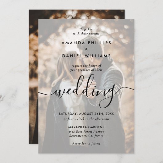 Elegant modern script 2 Photo Black Wedding Kaart (Voorkant / Achterkant)