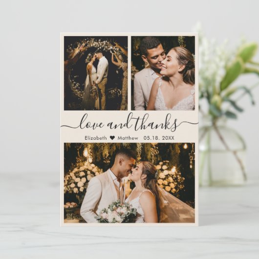 Elegant modern script 3 Photo Collage Wedding dan Bedankkaart (Staand voorkant)