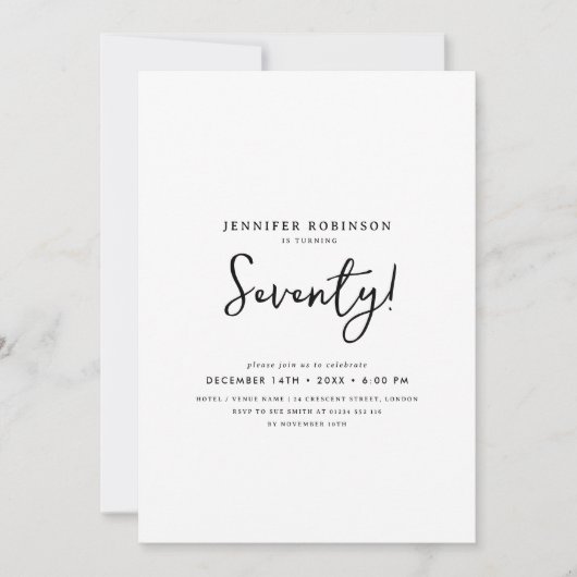 Elegant Modern Script 70th Birthday Zwart & Wit Kaart (Voorkant)