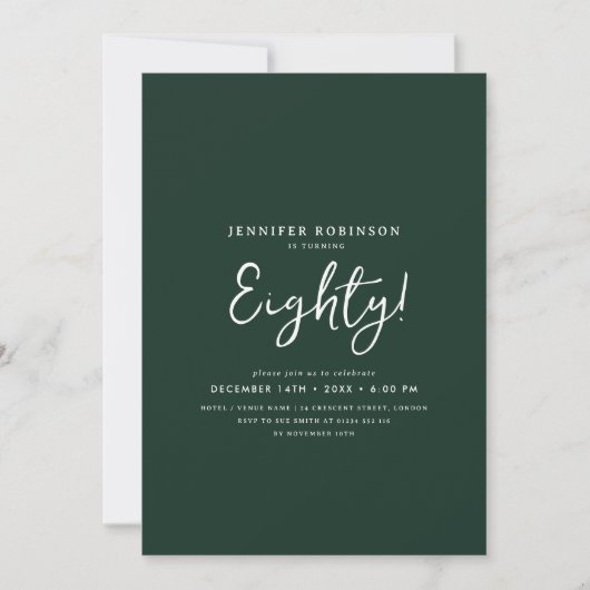 Elegant Modern Script 80th Birthday Party Emerald Kaart (Voorkant)