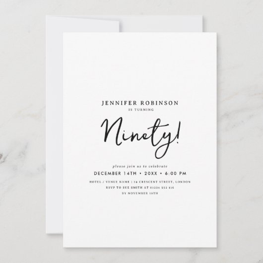 Elegant Modern Script 90th Birthday Zwart & Wit Kaart (Voorkant)