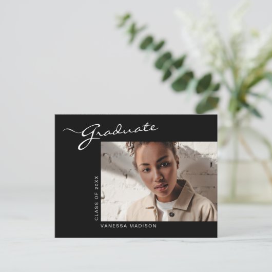 Elegant modern script | Aankondiging foto-Afstudee Briefkaart (Staand voorkant)