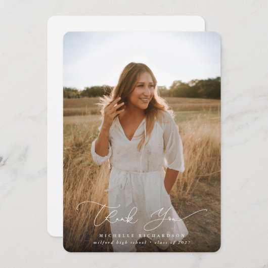 Elegant Modern Script Afstuderen Foto Bedankkaart (Voorkant / Achterkant)