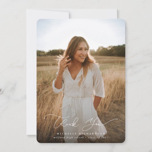 Elegant Modern Script Afstuderen Foto Bedankkaart (Voorkant)