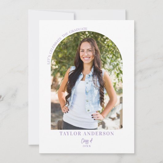 Elegant Modern Script Arch Foto Lila Afstudeerder Kaart (Voorkant)