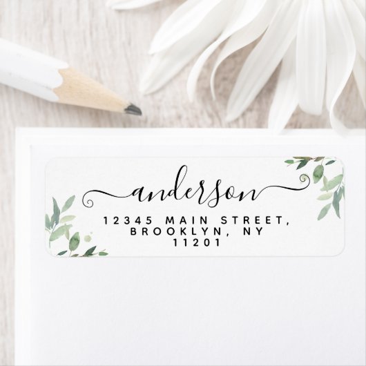 Elegant modern Script Black Achternaam Greenery Etiket (Insitu)