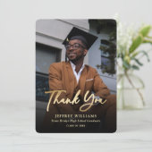 Elegant modern Script Black Gold Photo Afstuderen Bedankkaart (Staand voorkant)