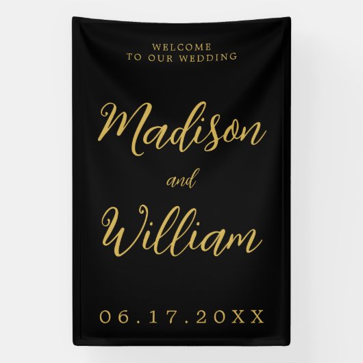Elegant modern script Black Gold Welkomsthuwelijk Spandoek (Verticaal)